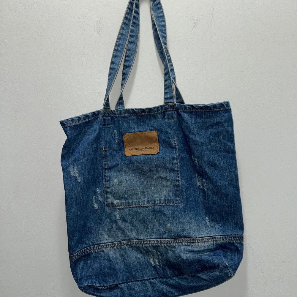 American Eagle Outfitters Distressed Denim Tote Bag Blue Jean Graphic Logo Y2K